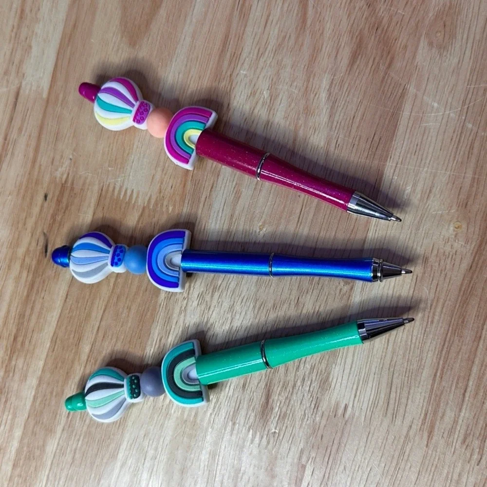 Set of 3 Hot Air Balloon Rainbow Silicone Beaded Pens Metallic Glitter Ballpoint